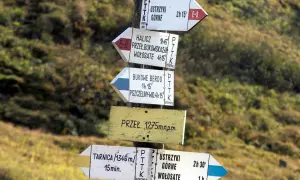 Znaki szlaku turystycznego PTTK. Wskazują kierunki i czas dojścia do różnych miejsc, np. Ustrzyki Górne, Tarnica. Czarny szlak oznacza trasę o średnim stopniu trudności.