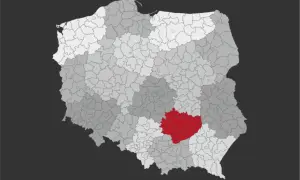 Mapa Polski z zaznaczonym na czerwono obszarem. Tu znajdują się Góry Świętokrzyskie.