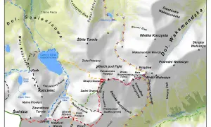 Mapa szlaków w Tatrach: Dolina Gąsienicowa, Czarny Staw, Kościelec, Świnica, Dolina Buczynowa, Wielka Koszysta.