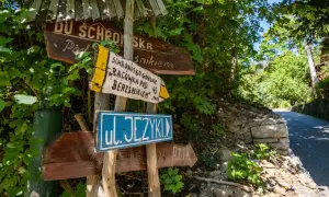 Drewniane drogowskazy wskazują drogę do schroniska górskiego bacówka pod Bereśnikiem.