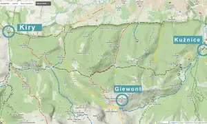 Mapa szlaków Tatr. Szlak na Giewont z Kuźnic to ok. 7 km, a z Kir ok. 9 km.