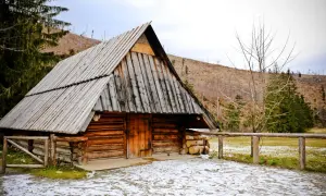 Drewniana bacówka w Dolinie Kościeliskiej, otoczona ośnieżonymi polami i lasem.