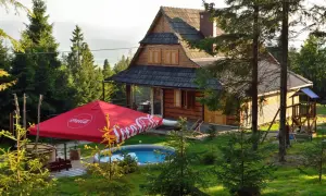 Drewniana bacówka u Dudka z basenem i czerwonym parasolem. Otoczona zielenią i górami.