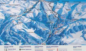 Mapa Tatr pokazuje szlaki na Kasprowy Wierch. Trasa z Kuźnic na Kasprowy Wierch ma ok. 4,5 km.