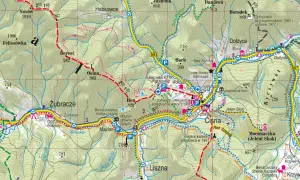 Fragment mapy Bieszczadów z zaznaczonymi miejscowościami: Solina, Cisna, Liszna. Widoczne szlaki turystyczne i drogi.