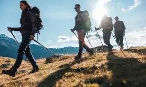 Grupa turystów z plecakami idzie po górskim szlaku, używając kijków. Widać, jakie kije w góry są im pomocne.