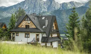 Apartamenty Butorowy Wierch w otoczeniu gór i zieleni. Dom w stylu góralskim z drewnianymi elementami.