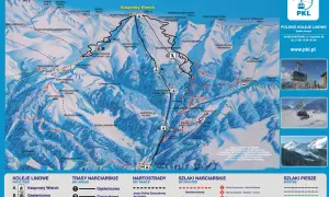Mapa tras narciarskich w rejonie Kasprowego Wierchu. Pokazuje szlaki, koleje linowe i punkty orientacyjne.
