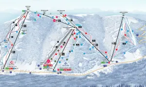 Mapa tras narciarskich ośrodka Szczyrk z zaznaczonymi szlakami, wyciągami i punktami.
