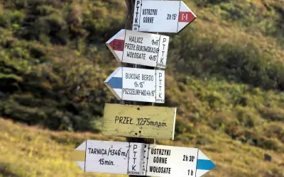 Znaki szlaku turystycznego PTTK. Wskazują kierunki i czas dojścia do różnych miejsc, np. Ustrzyki Górne, Tarnica. Czarny szlak oznacza trasę o średnim stopniu trudności.