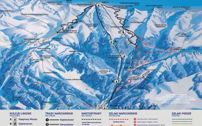 Mapa Tatr pokazuje szlaki na Kasprowy Wierch. Trasa z Kuźnic na Kasprowy Wierch ma ok. 4,5 km.