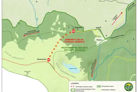 Mapa Karkonoszy: zamknięty szlak z powodu remontu, proponowane obejście zielonym szlakiem.