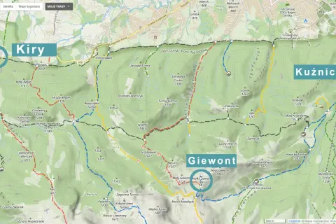 Mapa szlaków Tatr. Szlak na Giewont z Kuźnic to ok. 7 km, a z Kir ok. 9 km.