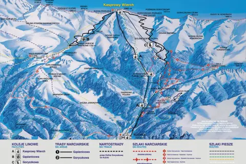 Mapa Tatr pokazuje szlaki na Kasprowy Wierch. Trasa z Kuźnic na Kasprowy Wierch ma ok. 4,5 km.