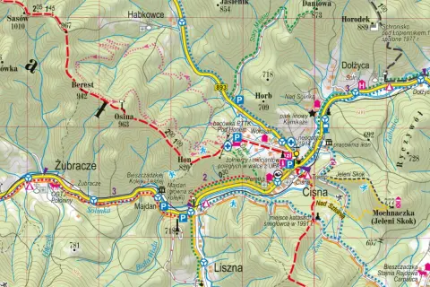 Fragment mapy Bieszczadów z zaznaczonymi miejscowościami: Solina, Cisna, Liszna. Widoczne szlaki turystyczne i drogi.