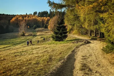 Jesienny spacer po górach. Grupa turystów idzie ścieżką w kierunku bacówki na obidzy, otoczonej kolorowymi drzewami.