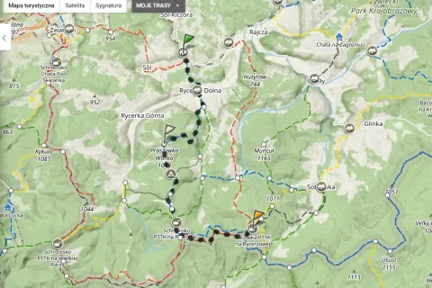 Mapa turystyczna Beskidu Żywieckiego z zaznaczoną trasą do bacówki na Rycerzowej.
