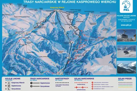 Mapa tras narciarskich w rejonie Kasprowego Wierchu. Pokazuje szlaki, koleje linowe i punkty orientacyjne.