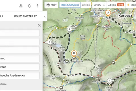 Mapa turystyczna Karkonoszy. Sprawdź, czy szlaki turystyczne są otwarte, planując trasę od Karpacza przez Śnieżkę do schroniska.