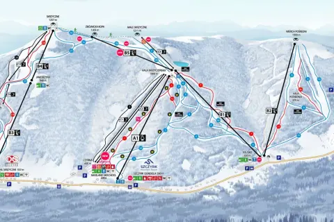 Mapa tras narciarskich ośrodka Szczyrk z zaznaczonymi szlakami, wyciągami i punktami.