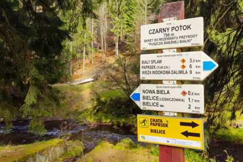 Znaki szlaków turystycznych w Tatrach: czarny, biały i niebieski wskazują różne trasy. Na zdjęciu widać drogowskazy do Czarnego Potoku, Białego Splawu i Nowej Bieli.