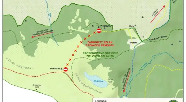 Mapa Karkonoszy: zamknięty szlak z powodu remontu, proponowane obejście zielonym szlakiem.