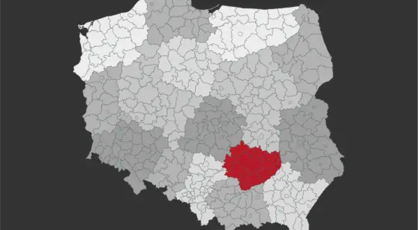 Mapa Polski z zaznaczonym na czerwono obszarem. Tu znajdują się Góry Świętokrzyskie.