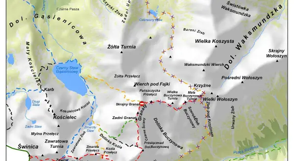Mapa szlaków w Tatrach: Dolina Gąsienicowa, Czarny Staw, Kościelec, Świnica, Dolina Buczynowa, Wielka Koszysta.