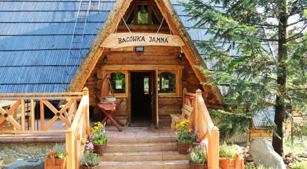 Drewniana bacówka z napisem "Bacówka Jamna", schodami i roślinnością.