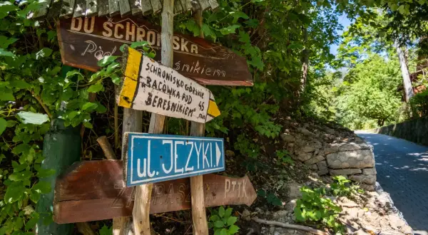 Drewniane drogowskazy wskazują drogę do schroniska górskiego bacówka pod Bereśnikiem.