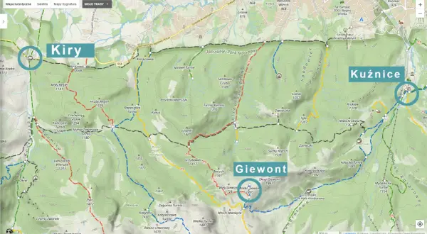 Mapa szlaków Tatr. Szlak na Giewont z Kuźnic to ok. 7 km, a z Kir ok. 9 km.