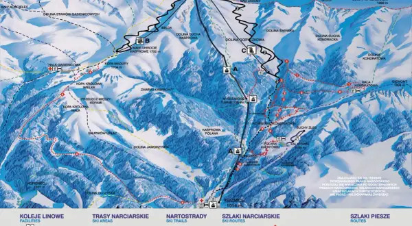 Mapa Tatr pokazuje szlaki na Kasprowy Wierch. Trasa z Kuźnic na Kasprowy Wierch ma ok. 4,5 km.