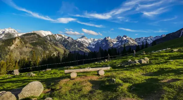 Widok na Rusinową Polanę z Wierchu Poroniec. Na pierwszym planie drewniana ławka, w tle góry i las.