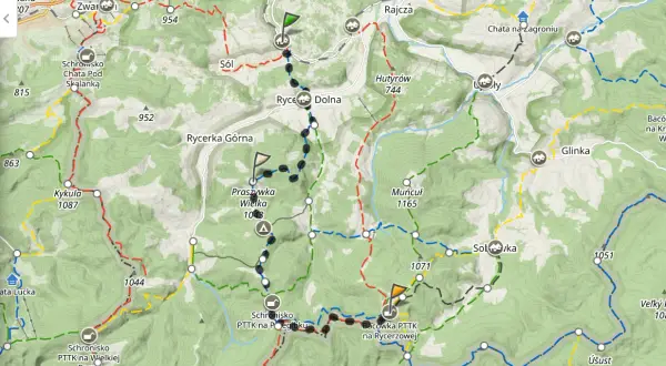 Mapa turystyczna Beskidu Żywieckiego z zaznaczoną trasą do bacówki na Rycerzowej.