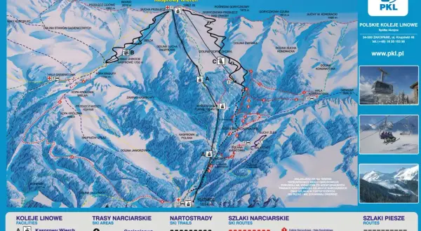 Mapa tras narciarskich w rejonie Kasprowego Wierchu. Pokazuje szlaki, koleje linowe i punkty orientacyjne.