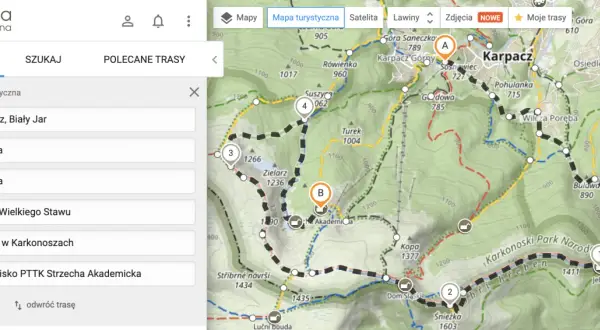 Mapa turystyczna Karkonoszy. Sprawdź, czy szlaki turystyczne są otwarte, planując trasę od Karpacza przez Śnieżkę do schroniska.