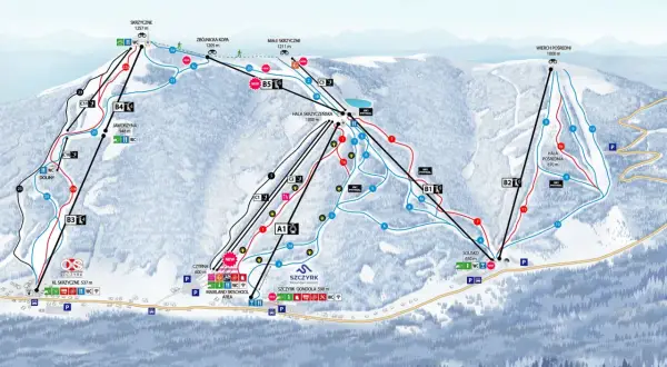 Mapa tras narciarskich ośrodka Szczyrk z zaznaczonymi szlakami, wyciągami i punktami.