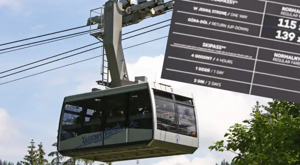 Kolejka linowa na Kasprowy Wierch w ruchu. Obok widoczny fragment cennika, pokazujący ceny biletów.