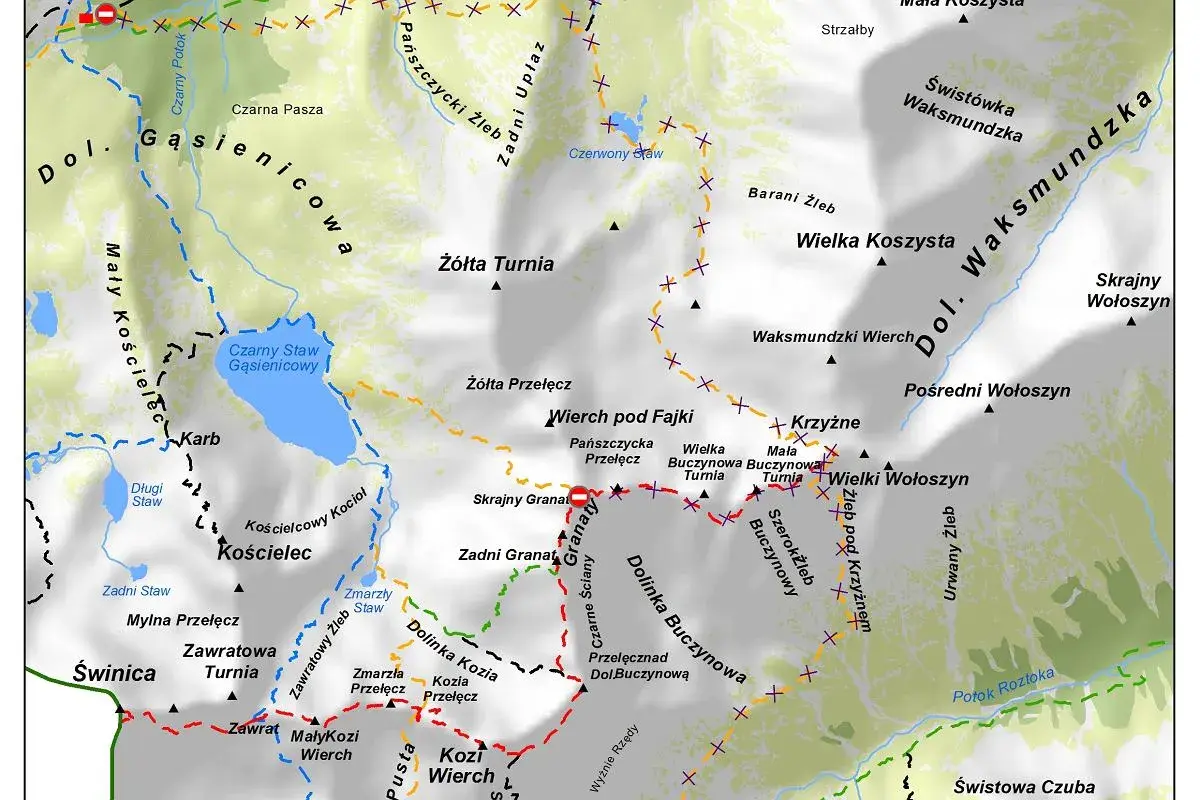 Mapa szlaków w Tatrach: Dolina Gąsienicowa, Czarny Staw, Kościelec, Świnica, Dolina Buczynowa, Wielka Koszysta.