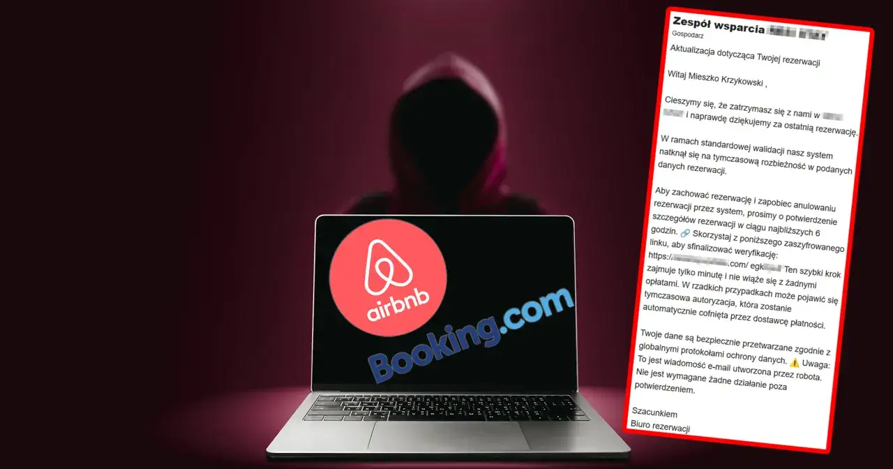 Laptop z logo Airbnb i Booking.com, obok sylwetka w kapturze. Gdzie najlepiej rezerwować noclegi? Uważaj na oszustów!