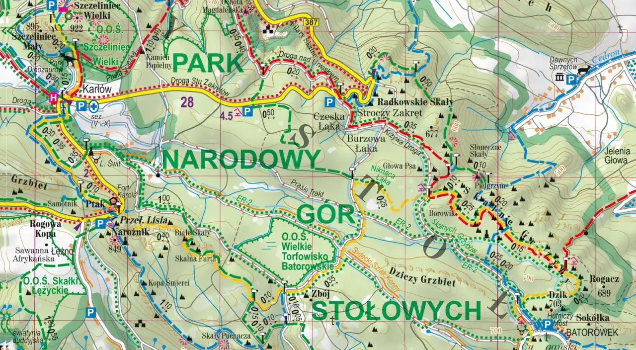 Mapa Gór Stołowych. Szukając noclegu, zwróć uwagę na Karłów, Radkowskie Skały i Batorówek.