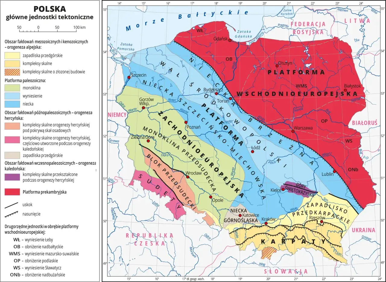 Mapa Polski z jednostkami tektonicznymi. Karpaty to obszar fałdowań mezozoicznych i kenozoicznych, orogeneza alpejska.