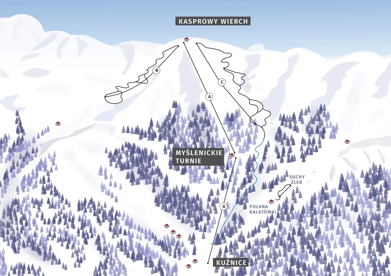 Mapa tras narciarskich na Kasprowym Wierchu. Widok z lotu ptaka na ośnieżone stoki, lasy i budynki.
