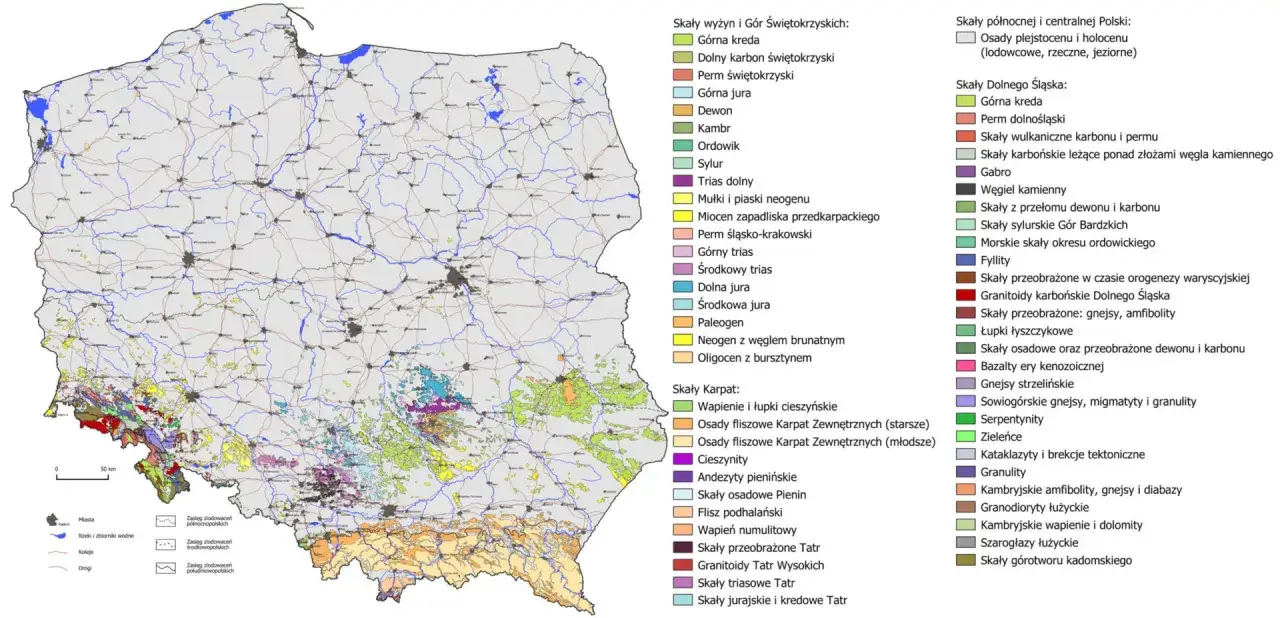 Mapa geologiczna Polski. Karpaty to góry fałdowe, zróżnicowane geologicznie, z licznymi osadami fliszowymi.