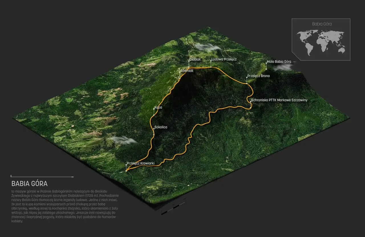 Mapa 3D Babiej Góry z zaznaczoną trasą. Zastanawiasz się, ile się idzie na Babia Górę? Mapa pokazuje szlaki i punkty: Diablak, Schronisko PTTK.