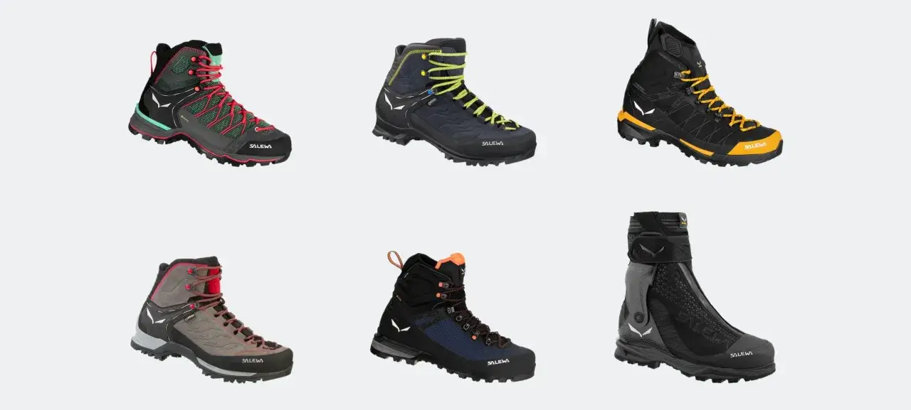 Sześć par but&oacute;w Salewa, r&oacute;żne modele i kolory. Idealne buty w g&oacute;ry dla każdego turysty.