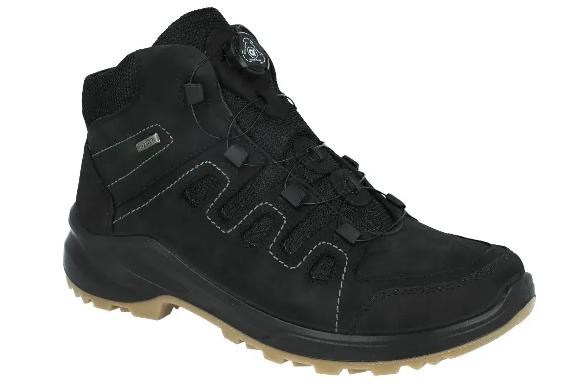Czarne, wysokie buty trekkingowe z systemem szybkiego sznurowania Boa. Idealne, jakie buty w g&oacute;ry jesienią, zapewniające komfort i stabilność.