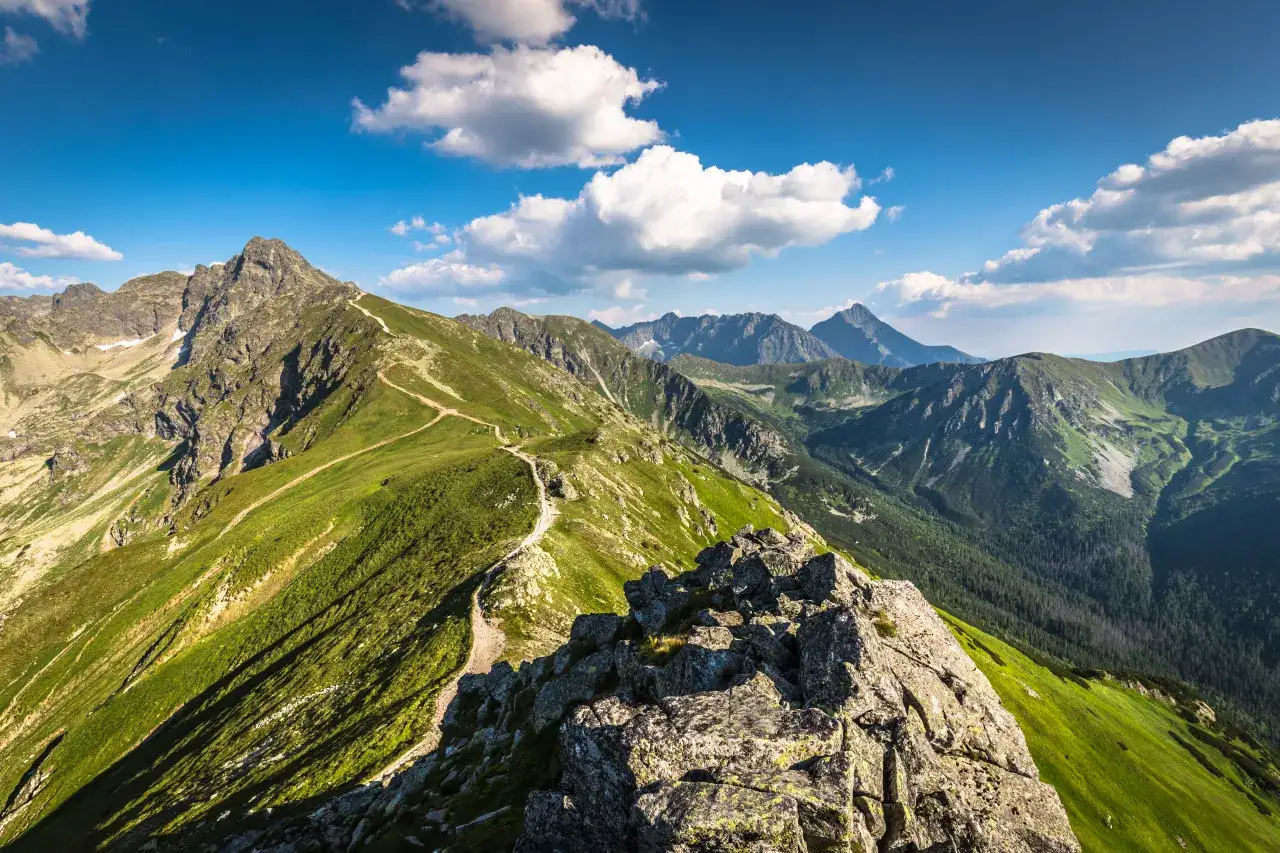 Widok na szlak turystyczny na zboczu górskim. W oddali widać pasmo Tatr, w tym Kasprowy Wierch.