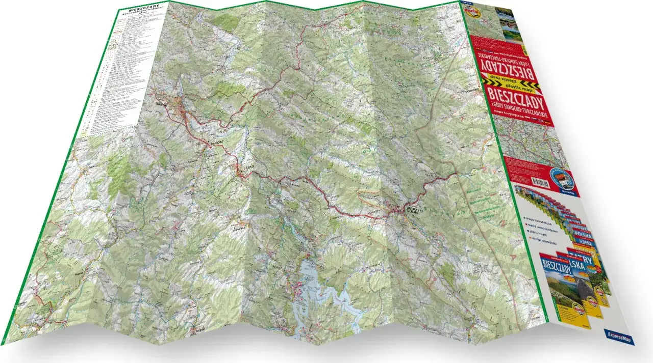 Rozłożona mapa turystyczna Bieszczad, ukazująca malownicze g&oacute;ry, drogi i miejscowości. Idealna do planowania wypraw po solina jakie g&oacute;ry.