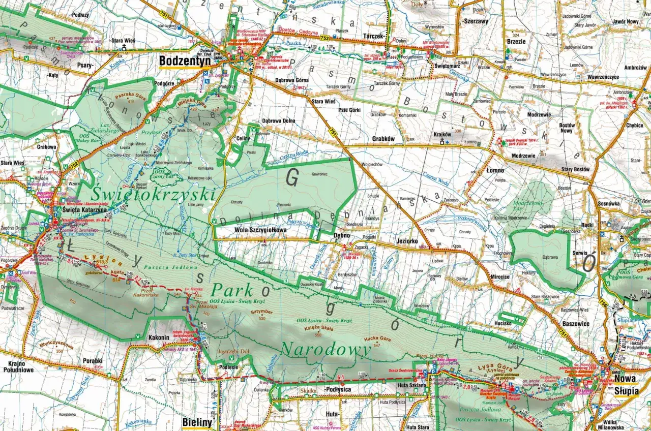 Mapa pokazuje, gdzie są G&oacute;ry Świętokrzyskie, z zaznaczonymi szczytami, lasami i miejscowościami jak Bodzentyn, Nowa Słupia i Święta Katarzyna.